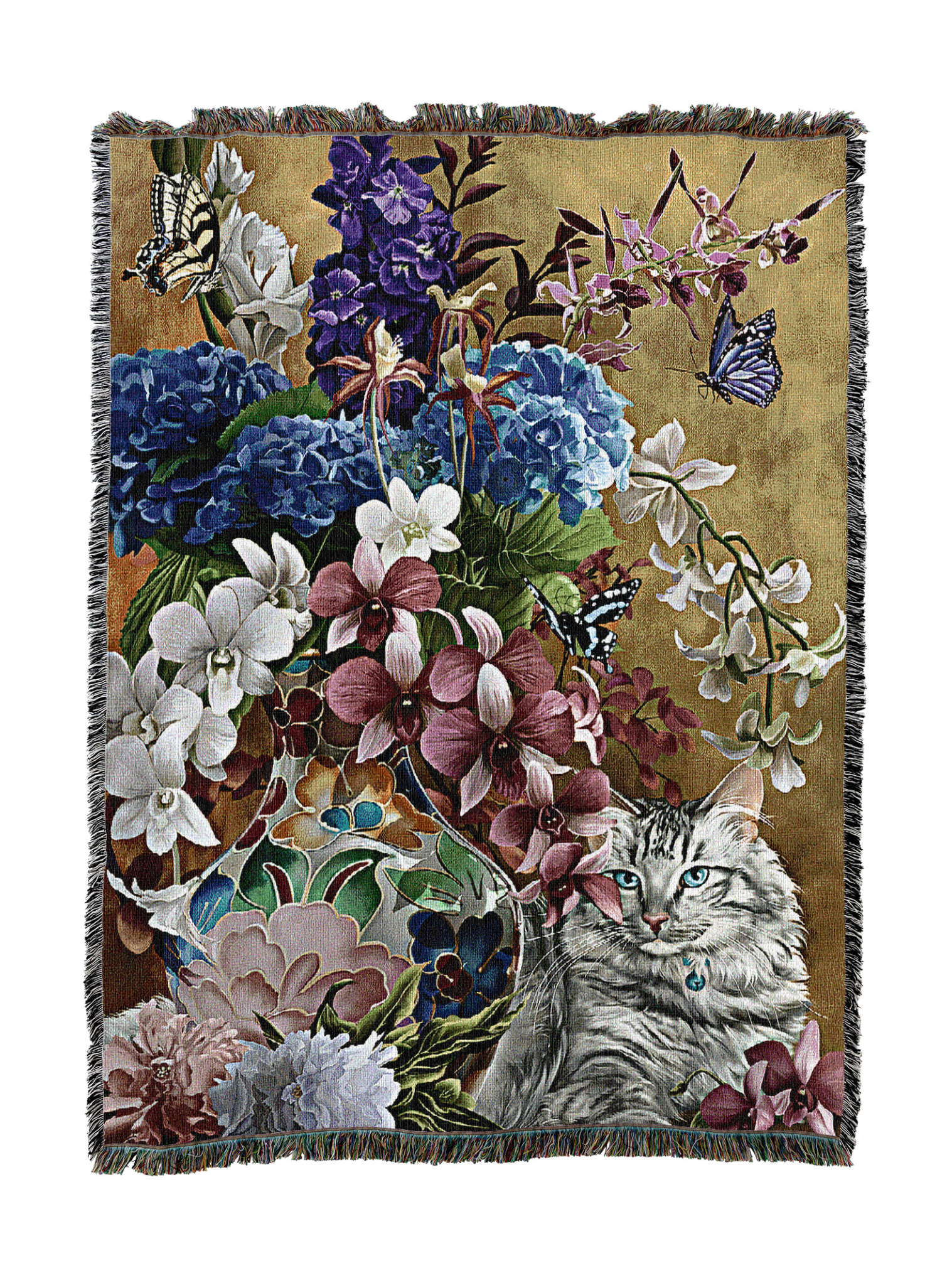 Gilded Cat And Flowers Blanket