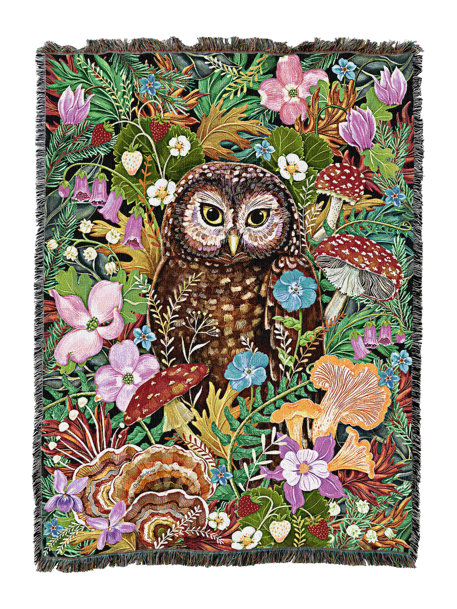 Owl In The Woods Floral Mushrooms Blanket