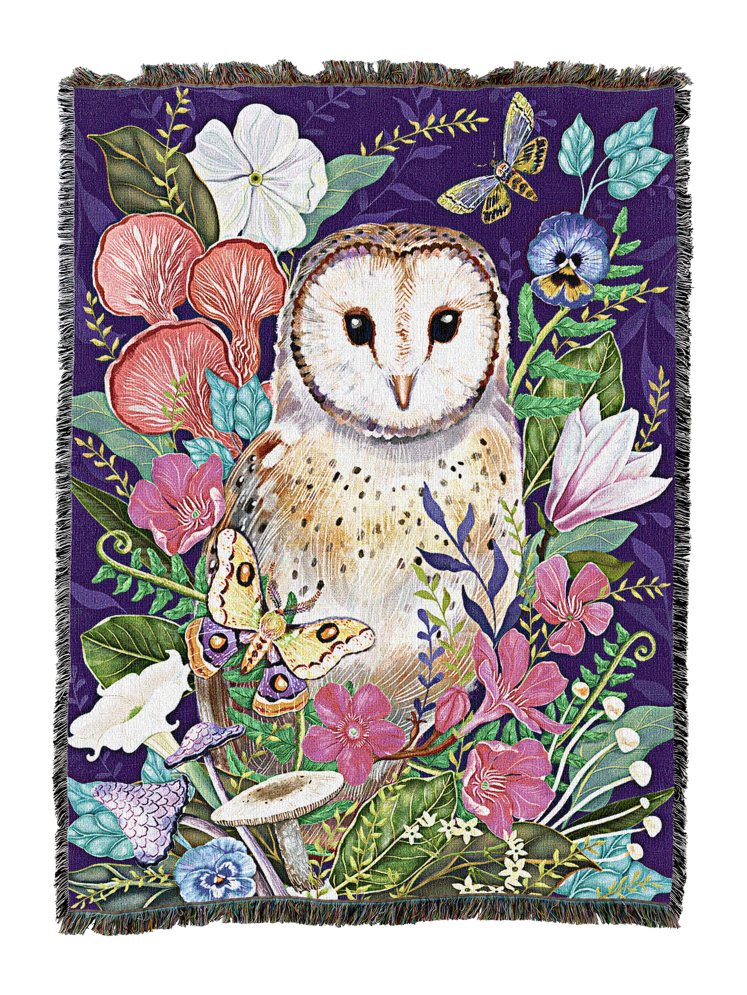 Barn Owl Mushrooms Flowers Blanket
