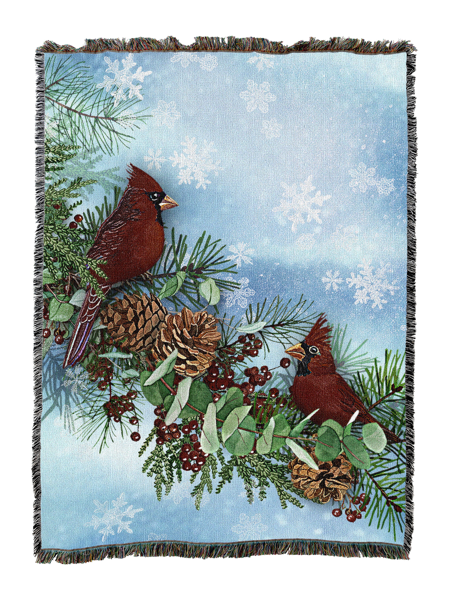 Two Cardinals On Blue Rectangle Blanket