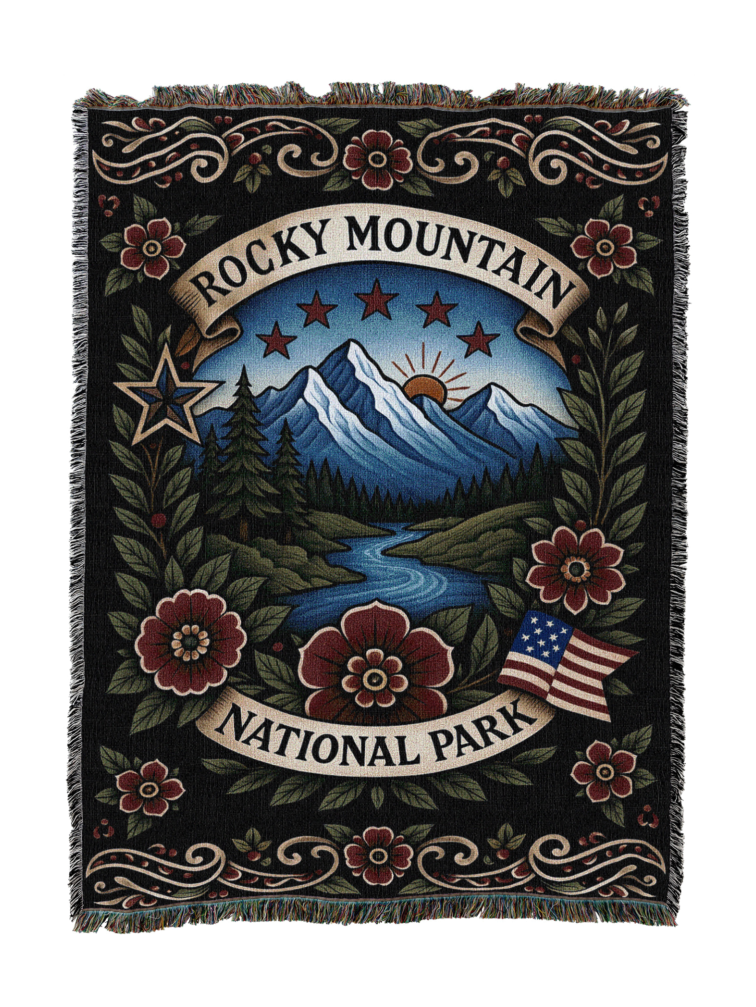 Rocky Mountain National Park Tattoo Style Blanket