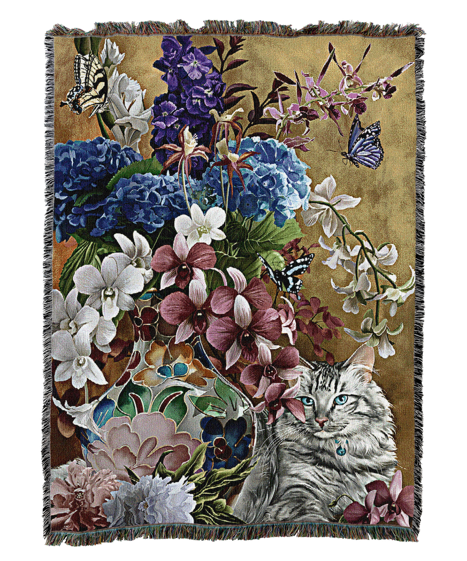 Gilded Cat And Flowers Blanket