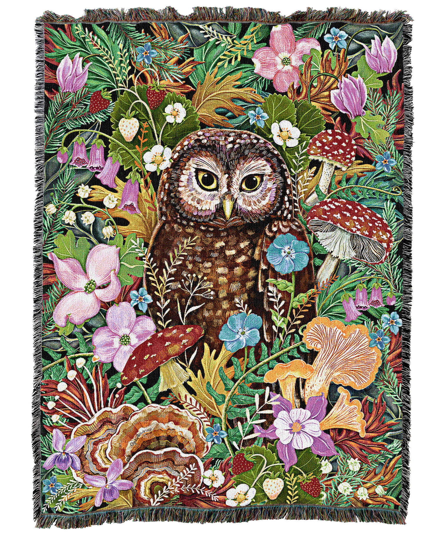 Owl In The Woods Floral Mushrooms Blanket