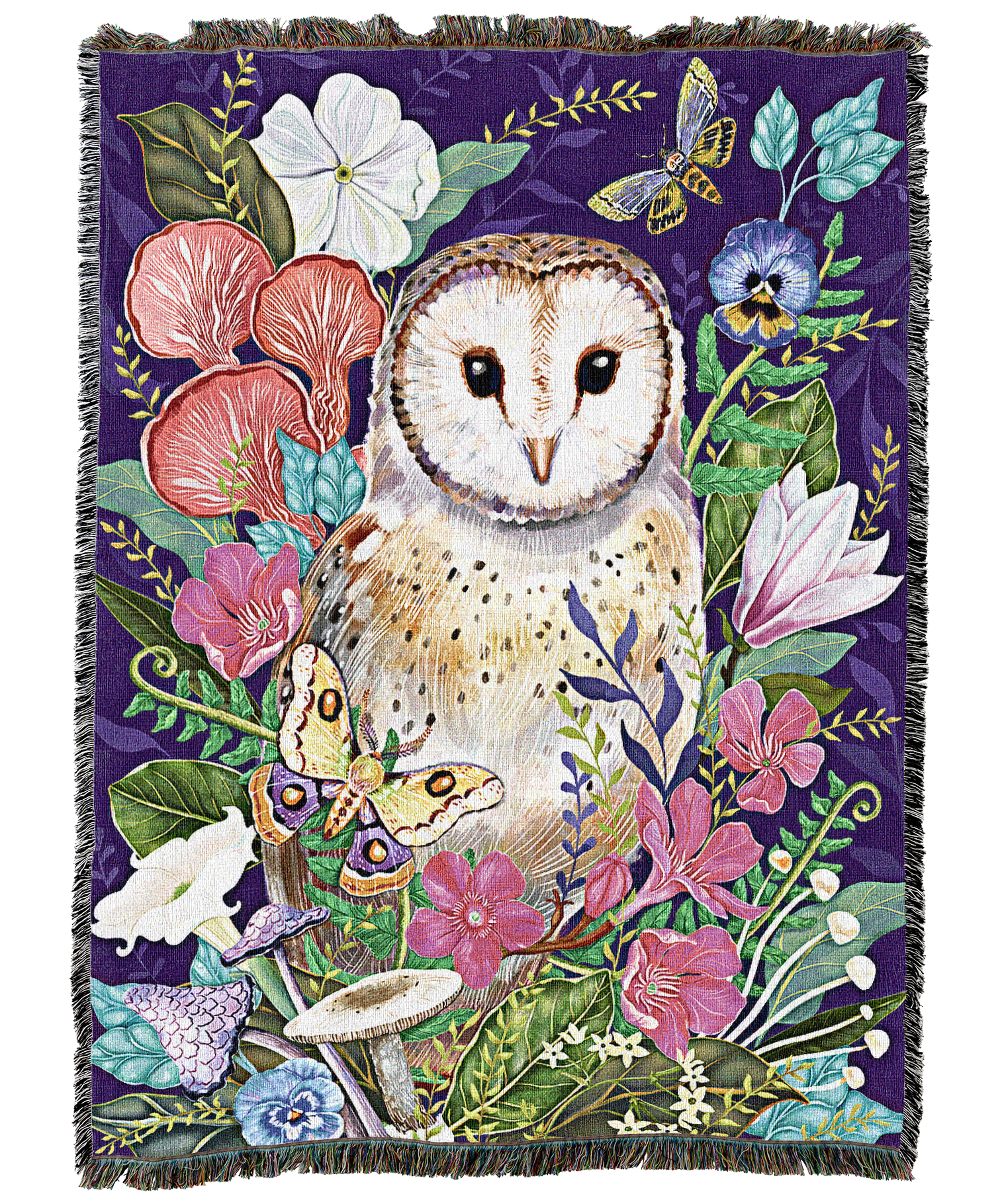 Barn Owl Mushrooms Flowers Blanket